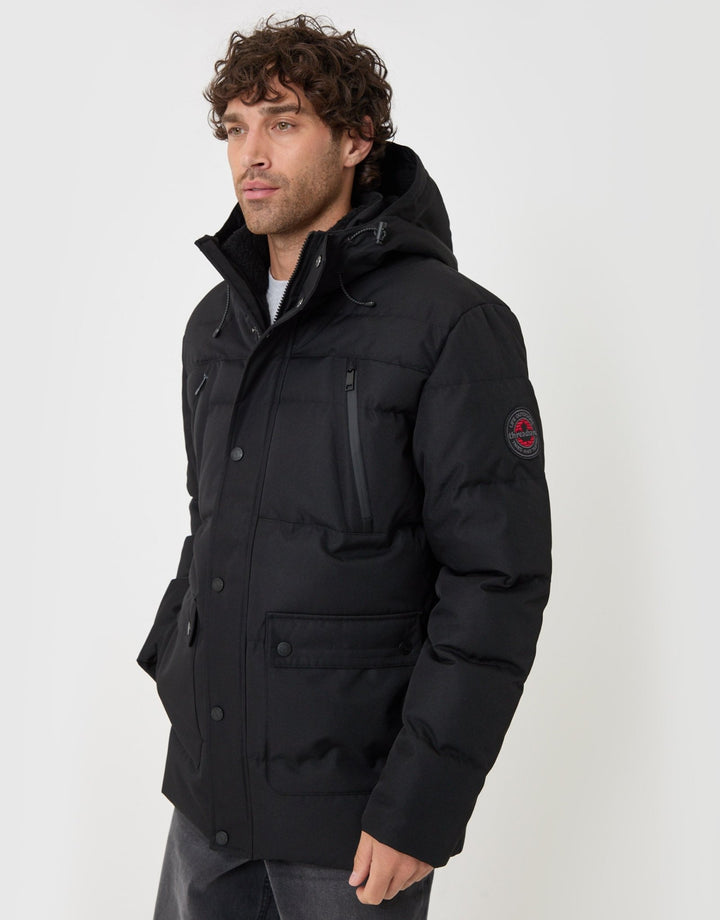Threadbare Showerproof Hooded Puffer Coat with Borg Lined Hood in Black - side view