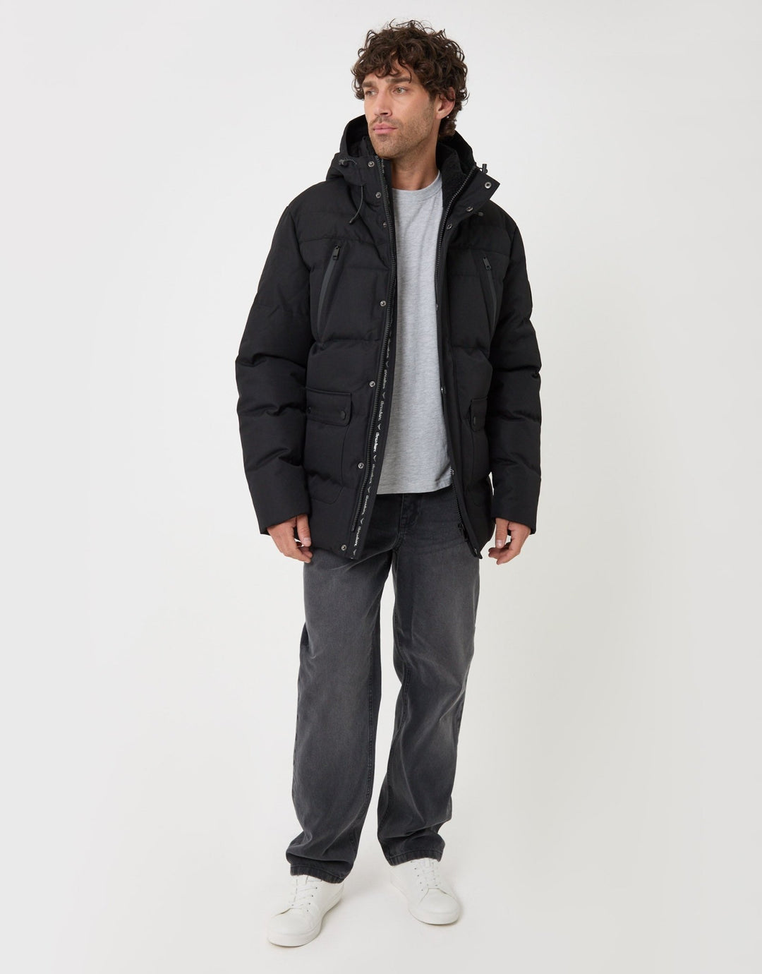 Threadbare Showerproof Hooded Puffer Coat with Borg Lined Hood in Black - full body
