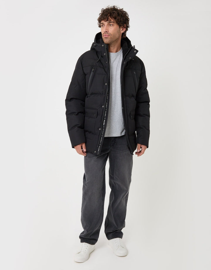 Threadbare Showerproof Hooded Puffer Coat with Borg Lined Hood in Black - full body