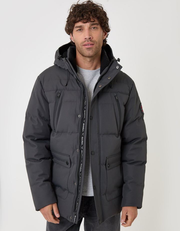 Threadbare Showerproof Hooded Puffer Coat with Borg Lined Hood in Slate Grey - front view
