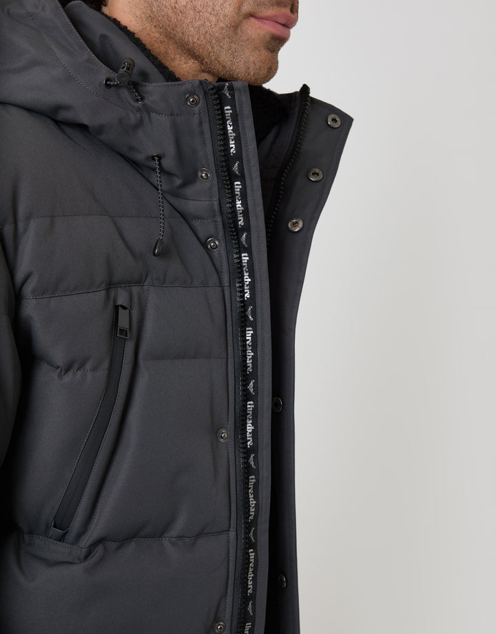Threadbare Showerproof Hooded Puffer Coat with Borg Lined Hood in Slate Grey - zip view