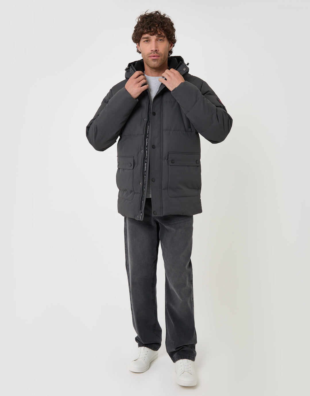 Threadbare Showerproof Hooded Puffer Coat with Borg Lined Hood in Slate Grey - full body
