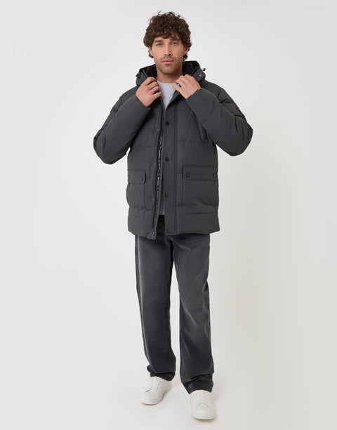 Threadbare Showerproof Hooded Puffer Coat with Borg Lined Hood in Slate Grey - full body