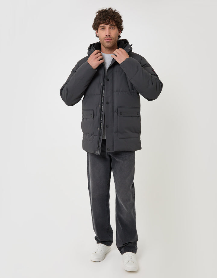 Threadbare Showerproof Hooded Puffer Coat with Borg Lined Hood in Slate Grey - full body