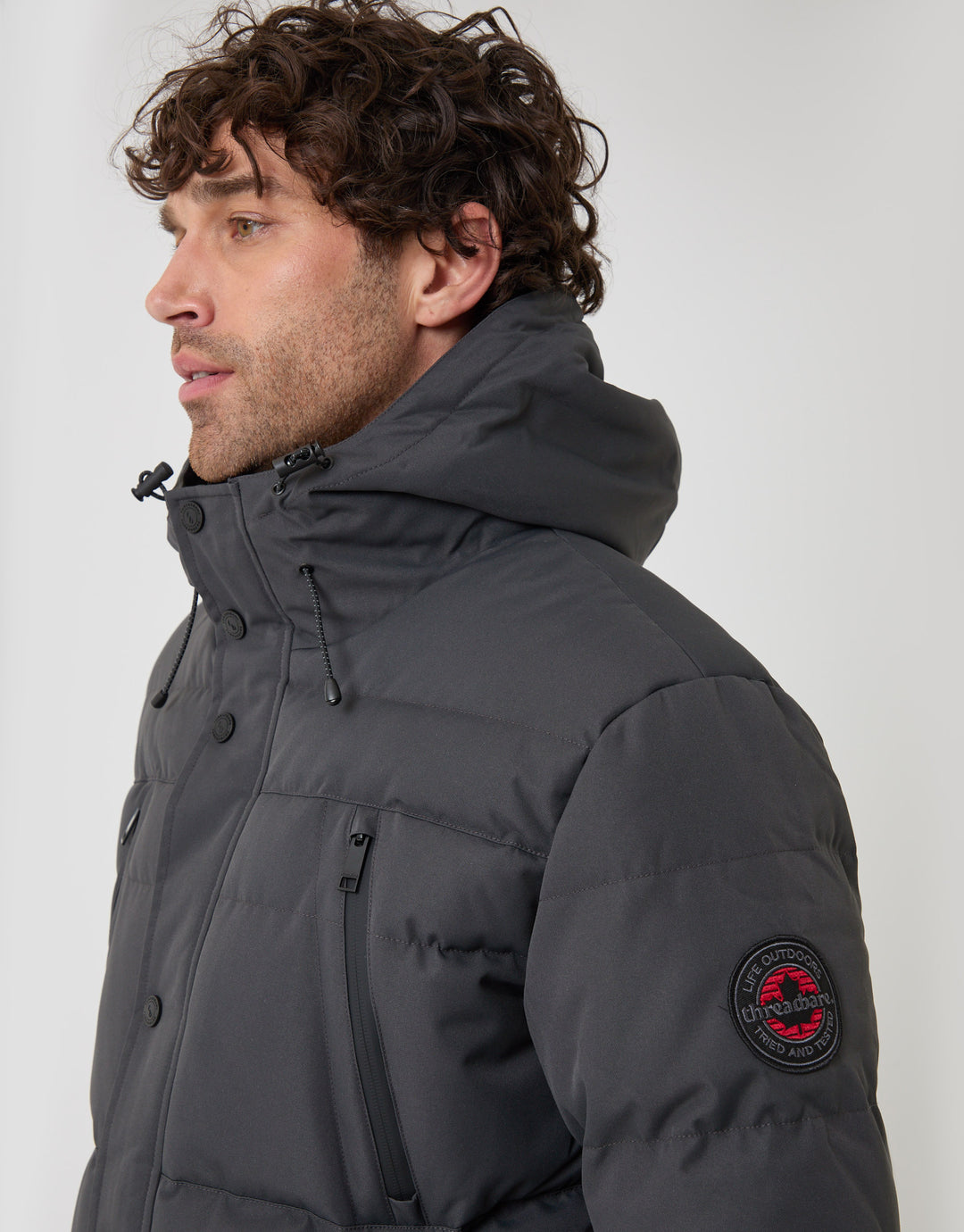 Threadbare Showerproof Hooded Puffer Coat with Borg Lined Hood in Slate Grey - close up