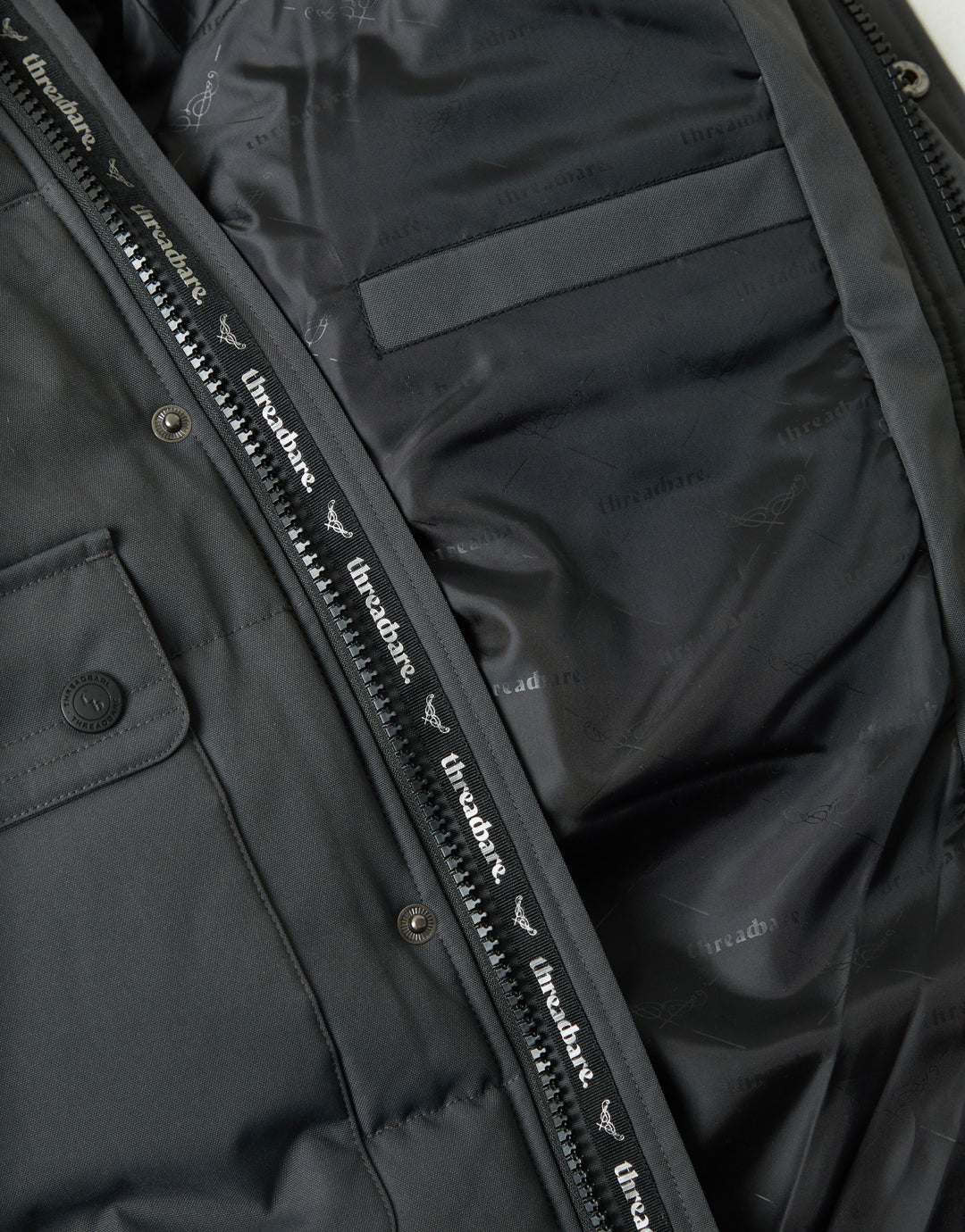 Threadbare Showerproof Hooded Puffer Coat with Borg Lined Hood in Slate Grey - inside detail