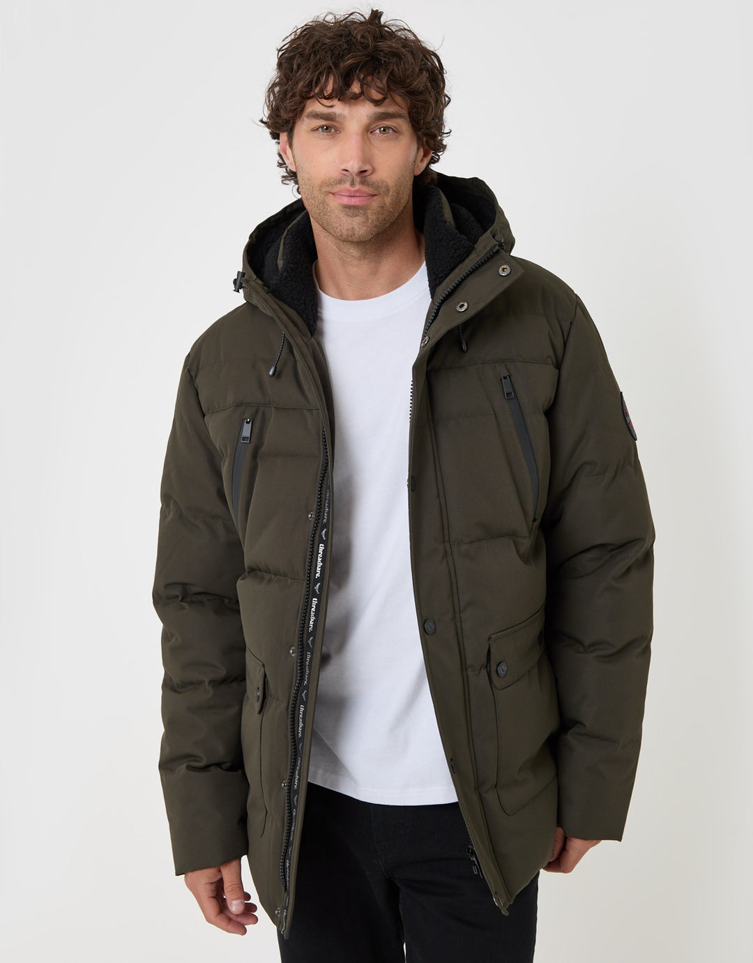 Threadbare Showerproof Hooded Puffer Coat with Borg Lined Hood in Khaki - front view