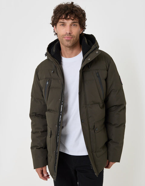 Threadbare Showerproof Hooded Puffer Coat with Borg Lined Hood in Khaki - front view