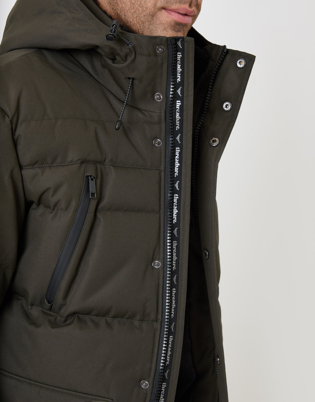 Threadbare Showerproof Hooded Puffer Coat with Borg Lined Hood in Khaki - close up