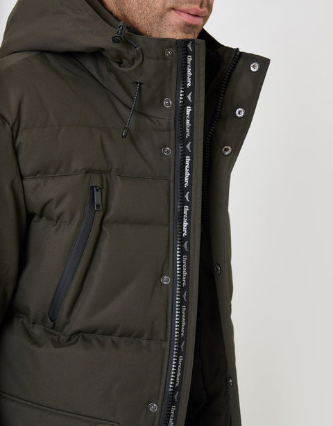Threadbare Showerproof Hooded Puffer Coat with Borg Lined Hood in Khaki - close up