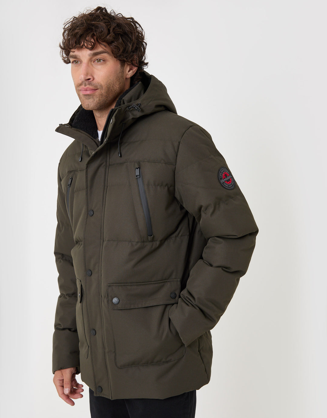 Threadbare Showerproof Hooded Puffer Coat with Borg Lined Hood in Khaki - front view