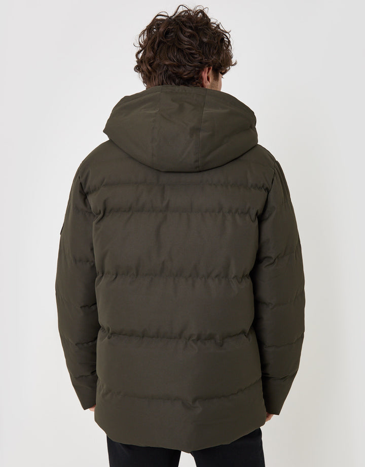Threadbare Showerproof Hooded Puffer Coat with Borg Lined Hood in Khaki - back view