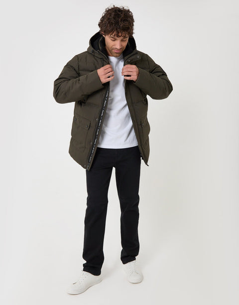 Threadbare Showerproof Hooded Puffer Coat with Borg Lined Hood in Khaki - full body