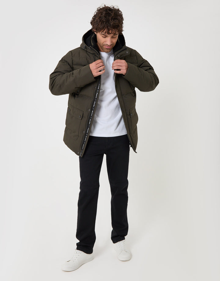 Threadbare Showerproof Hooded Puffer Coat with Borg Lined Hood in Khaki - full body
