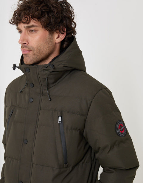 Threadbare Showerproof Hooded Puffer Coat with Borg Lined Hood in Khaki - close up