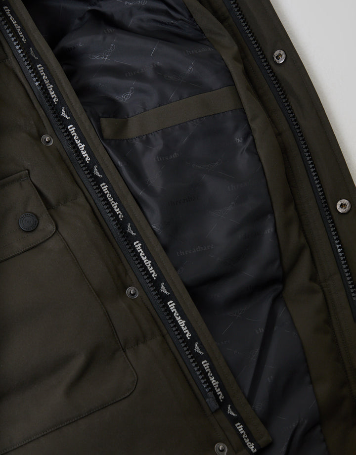 Threadbare Showerproof Hooded Puffer Coat with Borg Lined Hood in Khaki - detail