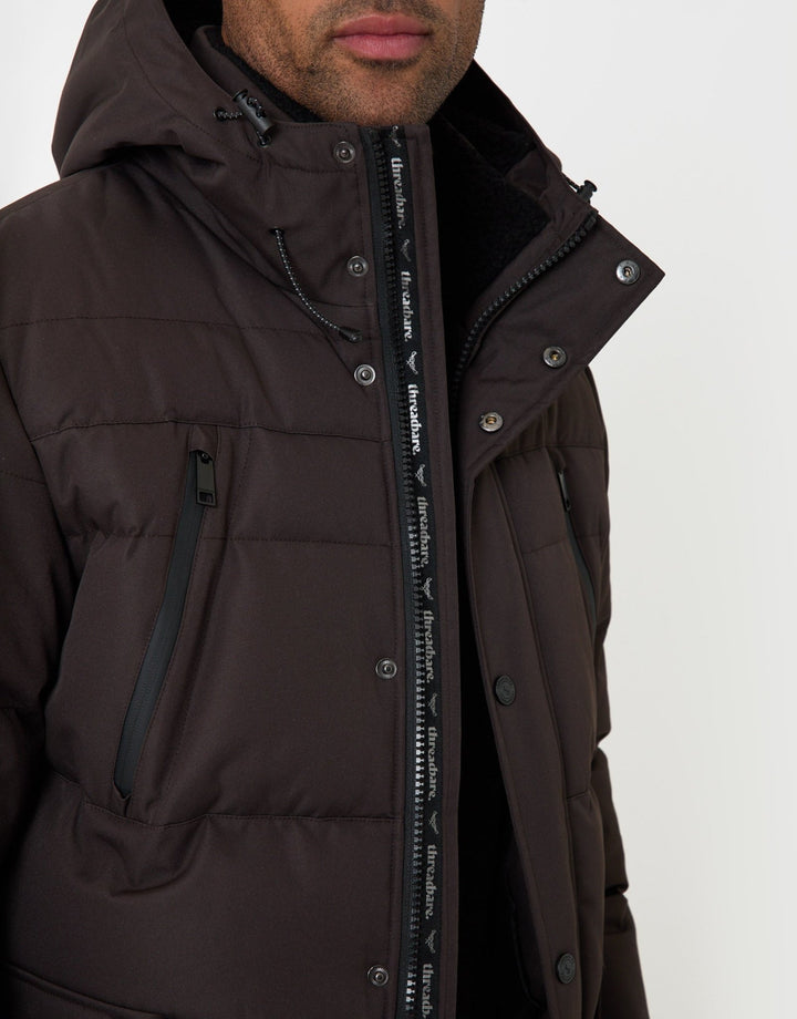 Threadbare Showerproof Hooded Puffer Coat with Borg Lined Hood in Chocolate Brown - zip detail