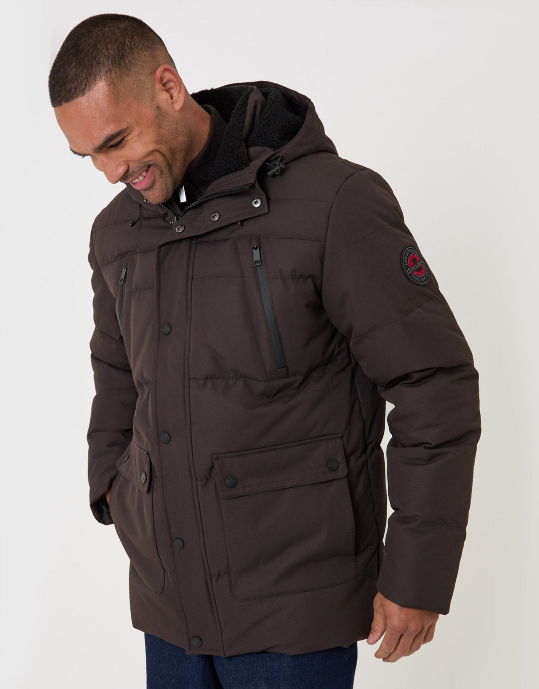 Threadbare Showerproof Hooded Puffer Coat with Borg Lined Hood in Chocolate Brown - side view
