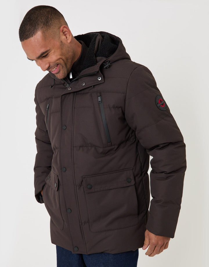 Threadbare Showerproof Hooded Puffer Coat with Borg Lined Hood in Chocolate Brown - side view