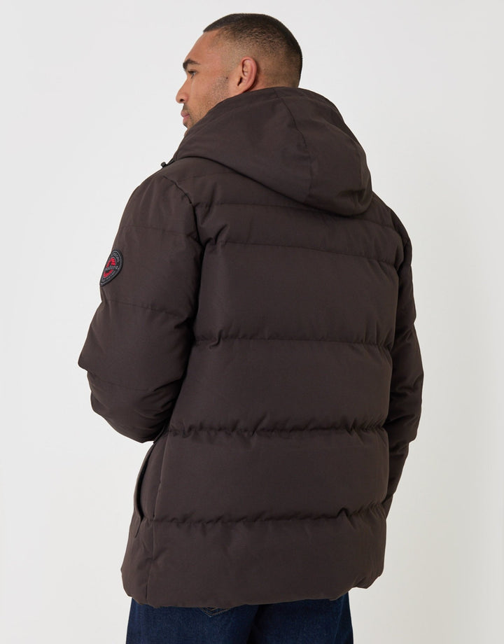 Threadbare Showerproof Hooded Puffer Coat with Borg Lined Hood in Chocolate Brown - back view