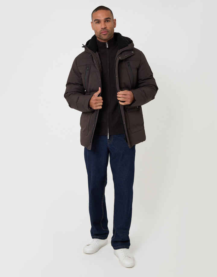 Threadbare Showerproof Hooded Puffer Coat with Borg Lined Hood in Chocolate Brown - full body