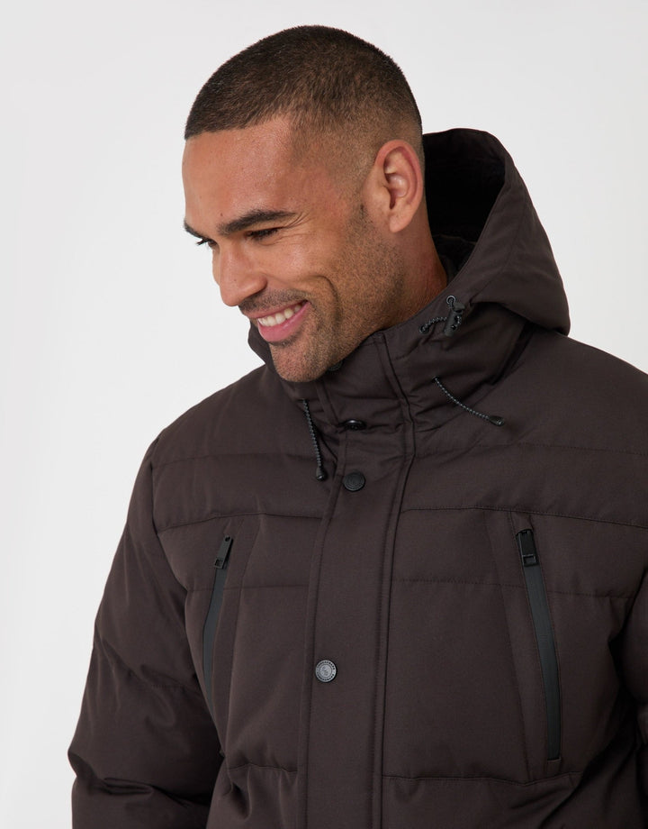 Threadbare Showerproof Hooded Puffer Coat with Borg Lined Hood in Chocolate Brown - head shot