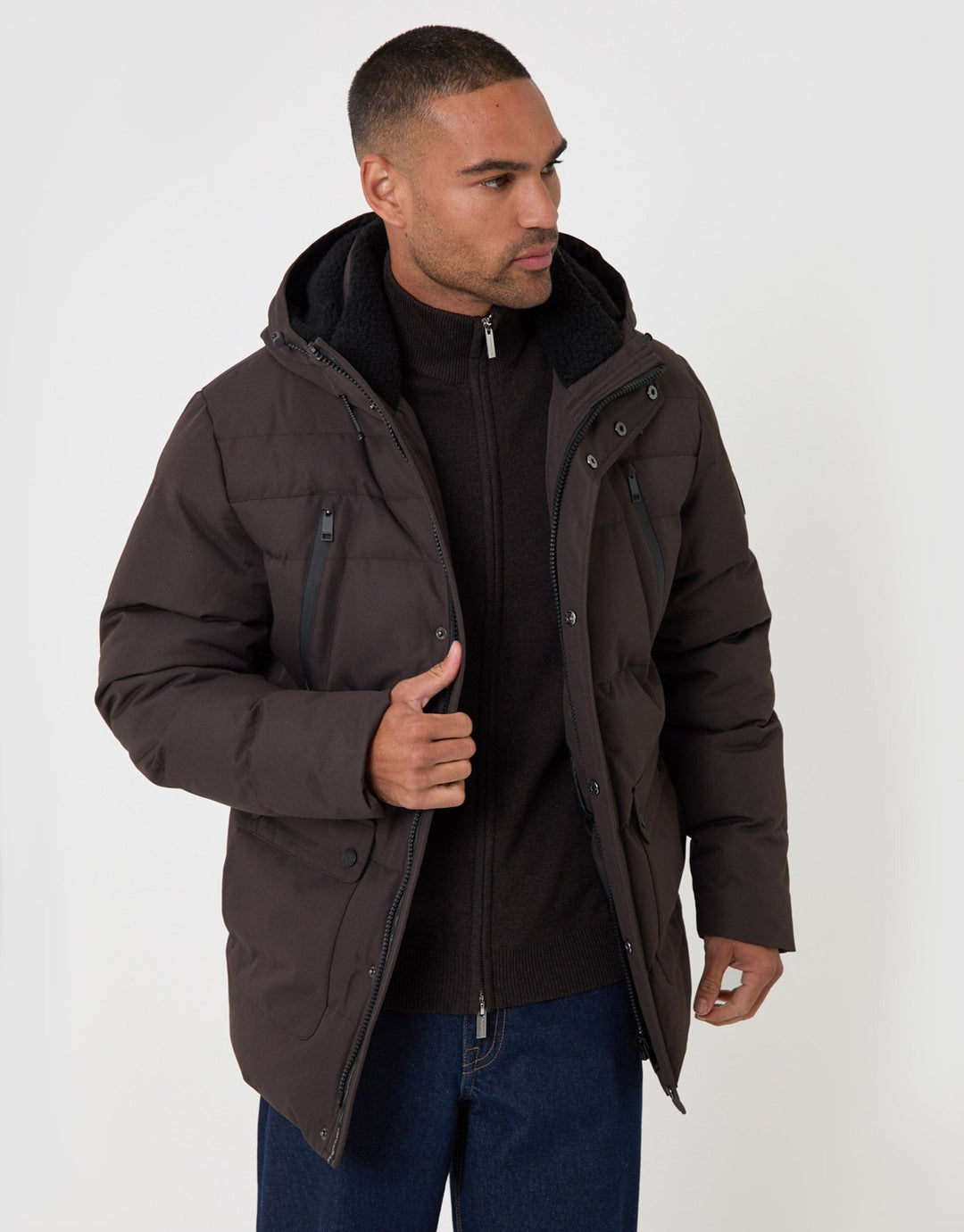 Threadbare Showerproof Hooded Puffer Coat with Borg Lined Hood in Chocolate Brown - front view