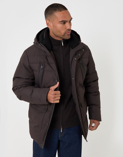 Threadbare Showerproof Hooded Puffer Coat with Borg Lined Hood in Chocolate Brown - front view