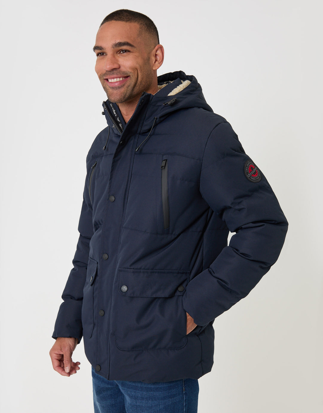 Threadbare Showerproof Hooded Puffer Coat with Borg Lined Hood in Navy - front view