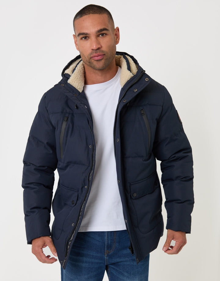 Threadbare Showerproof Hooded Puffer Coat with Borg Lined Hood in Navy - front view unzipped