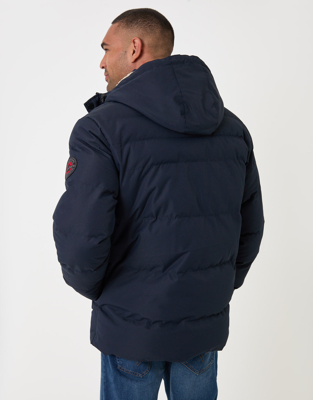 Threadbare Showerproof Hooded Puffer Coat with Borg Lined Hood in Navy - back view