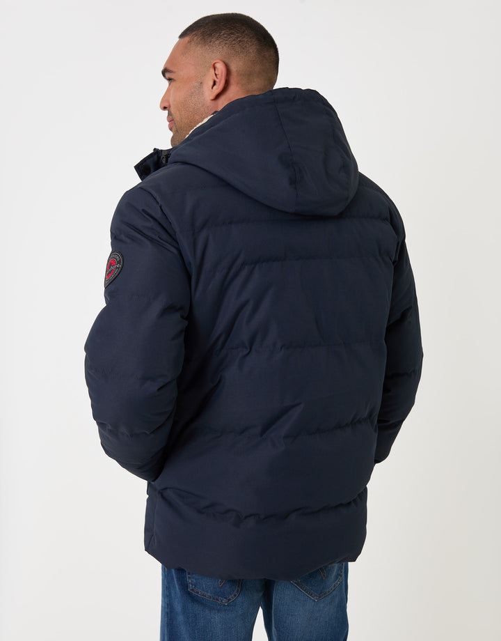Threadbare Showerproof Hooded Puffer Coat with Borg Lined Hood in Navy - back view