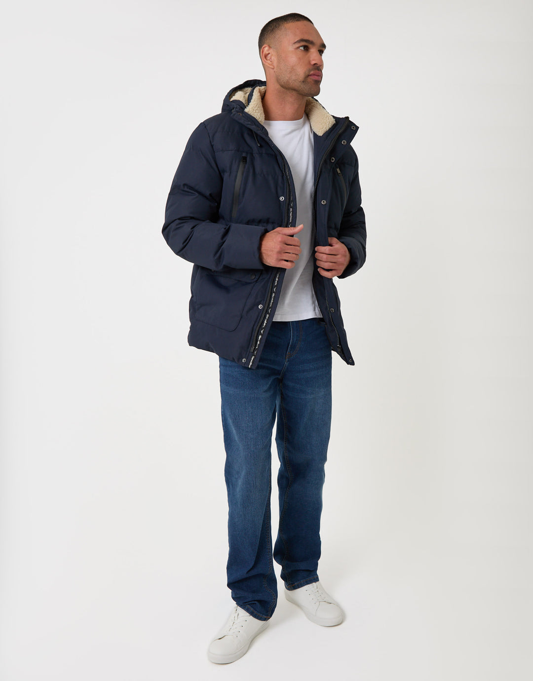 Threadbare Showerproof Hooded Puffer Coat with Borg Lined Hood in Navy - full body