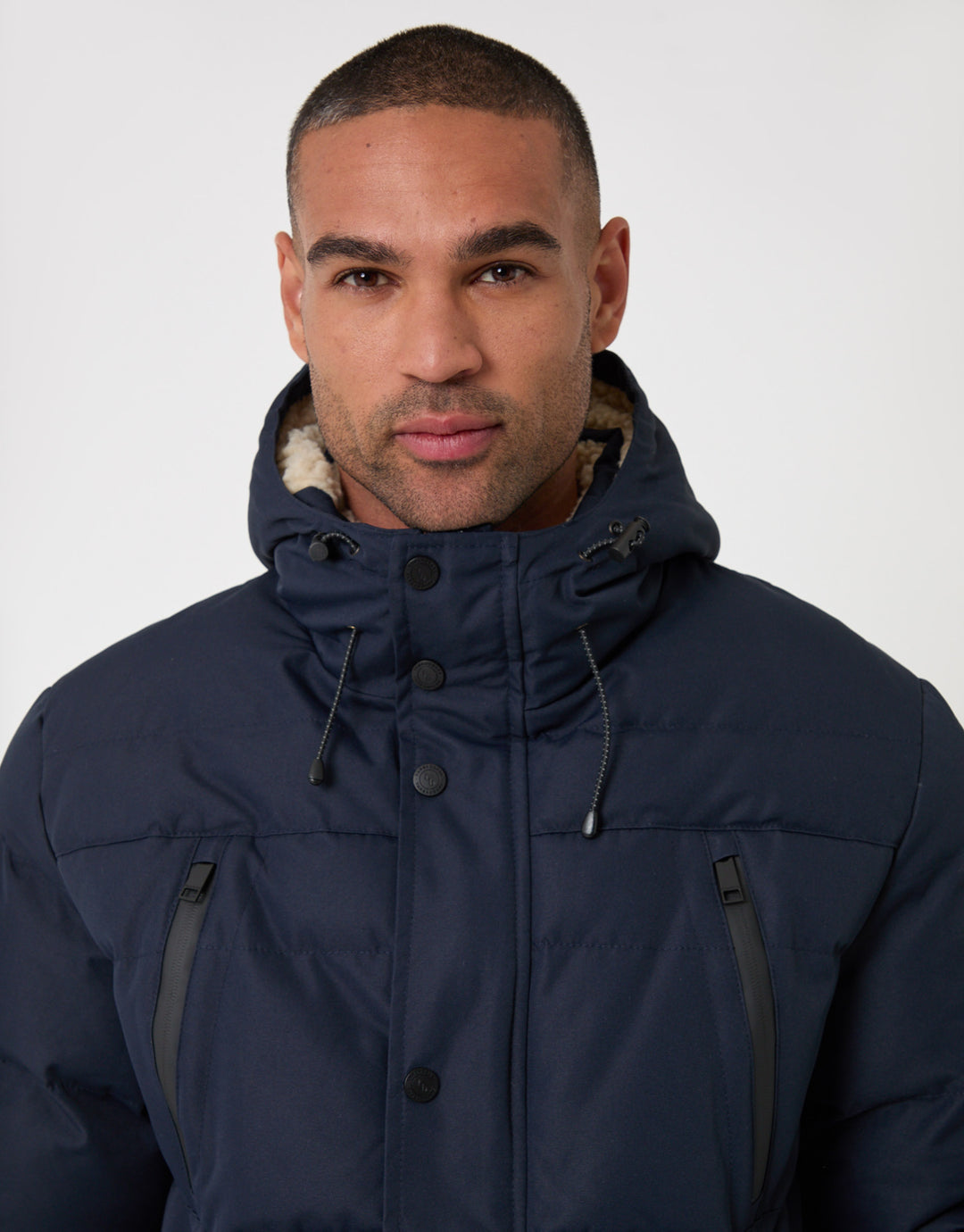 Threadbare Showerproof Hooded Puffer Coat with Borg Lined Hood in Navy - head shot