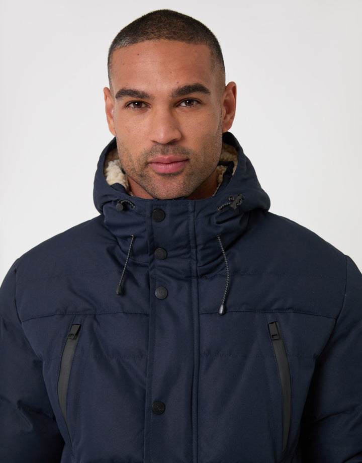 Threadbare Showerproof Hooded Puffer Coat with Borg Lined Hood in Navy - head shot