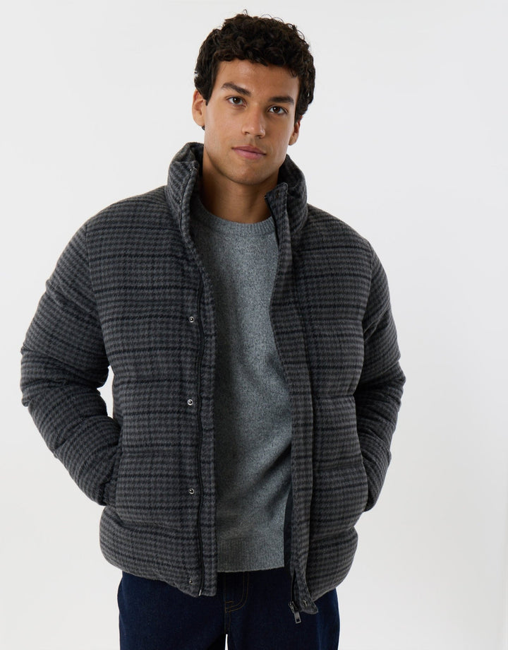 Funnel Neck Puffer Coat in Charcoal Check