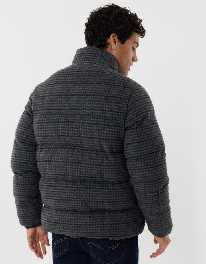 Funnel Neck Puffer Coat in Charcoal Check
