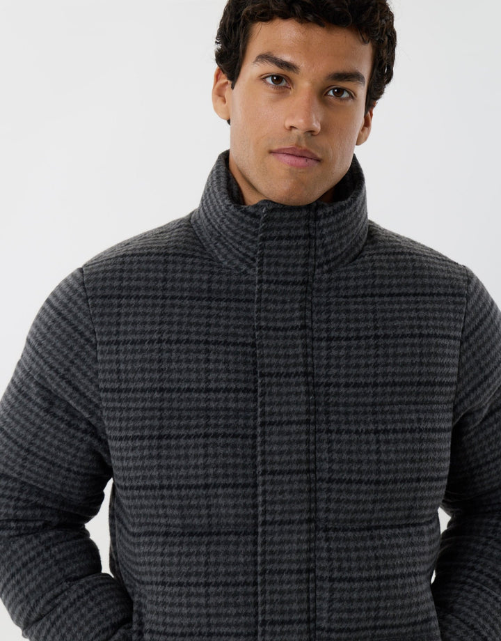 Funnel Neck Puffer Coat in Charcoal Check