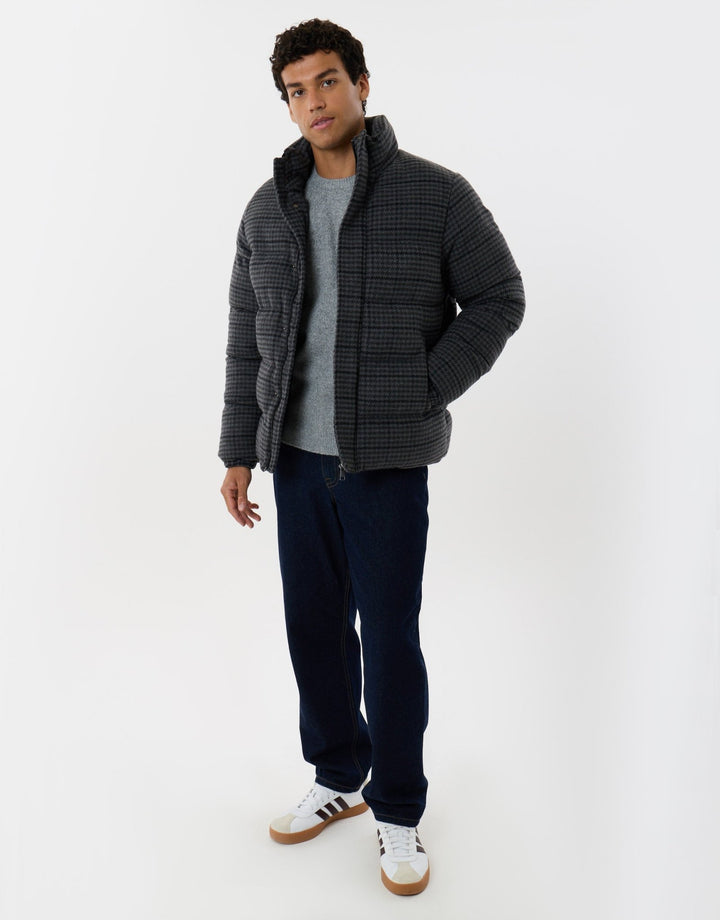 Funnel Neck Puffer Coat in Charcoal Check