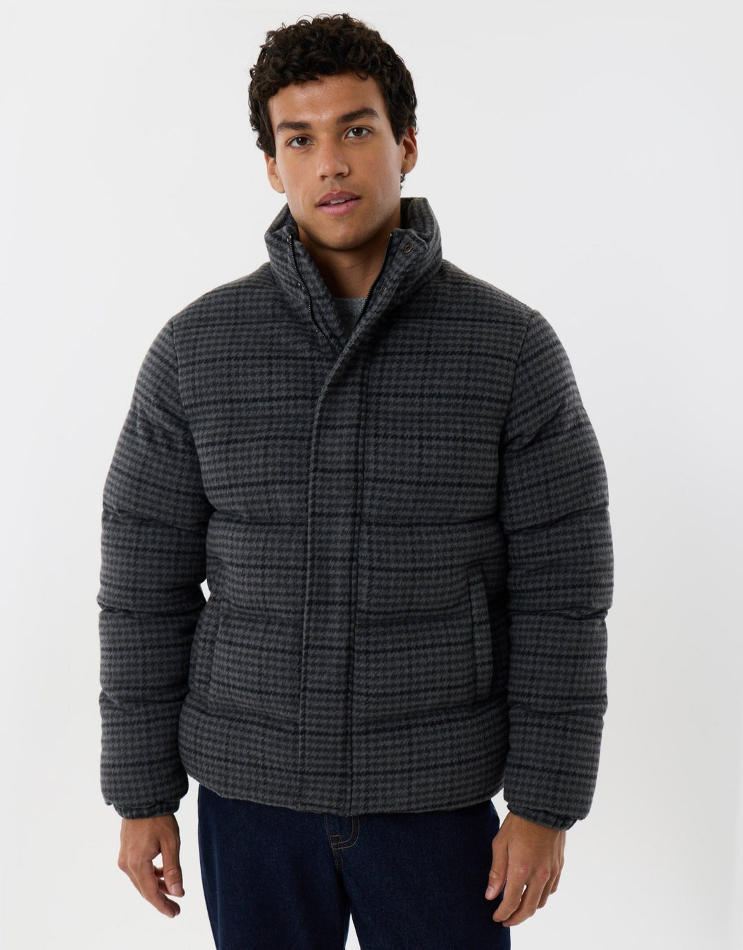 Funnel Neck Puffer Coat in Charcoal Check