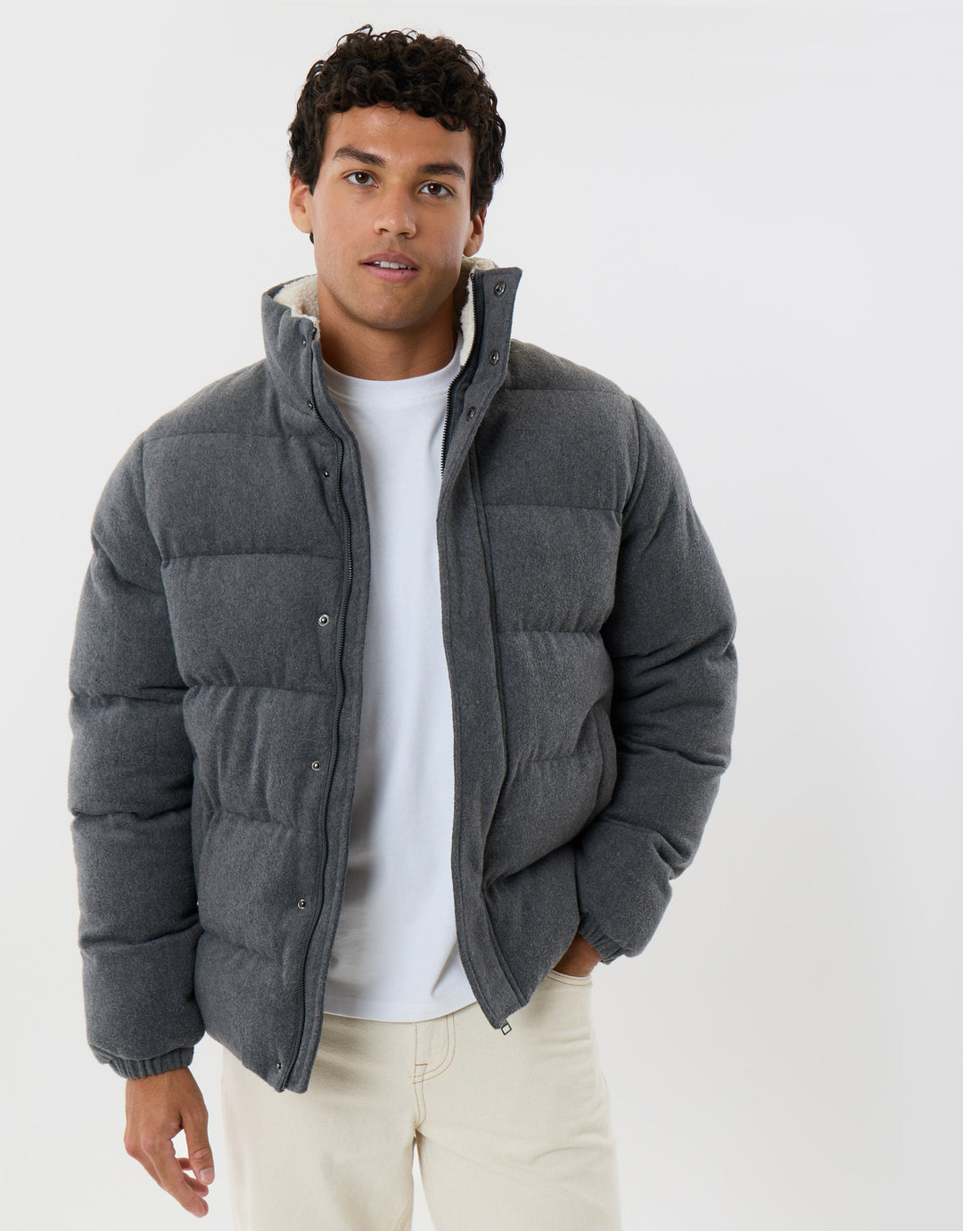 Brushed Funnel Neck Puffer Coat in Charcoal