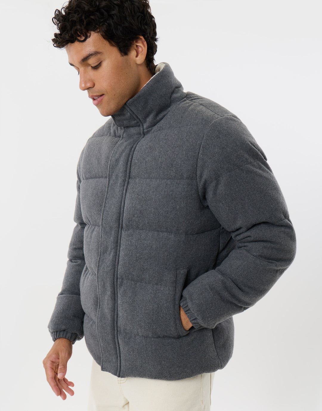 Brushed Funnel Neck Puffer Coat in Charcoal