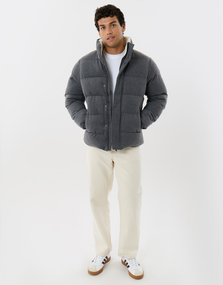 Brushed Funnel Neck Puffer Coat in Charcoal
