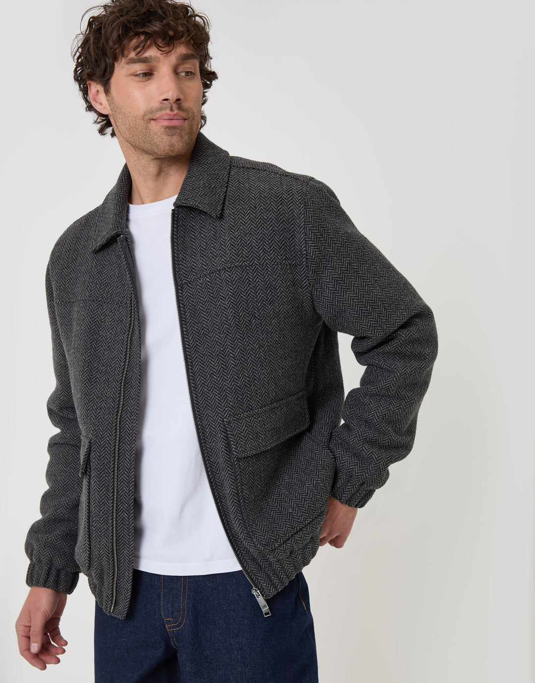 Threadbare Herringbone Faux Wool Collared Jacket in Slate Grey - front view