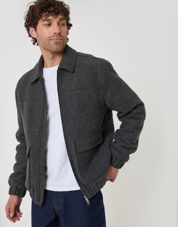 Threadbare Herringbone Faux Wool Collared Jacket in Slate Grey - front view