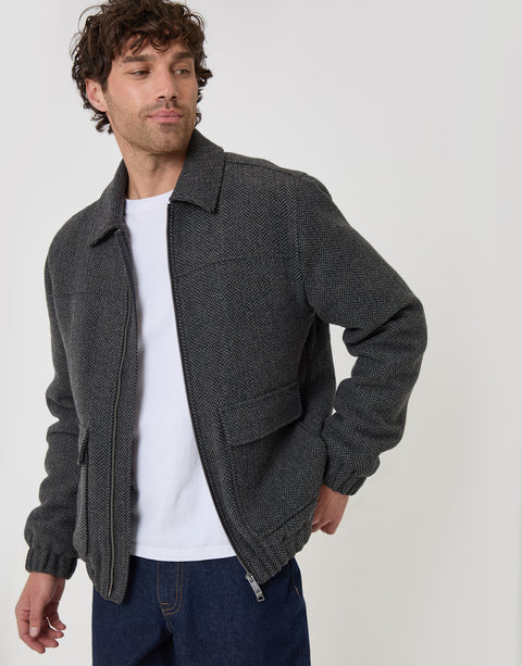 Threadbare Herringbone Faux Wool Collared Jacket in Slate Grey - front view