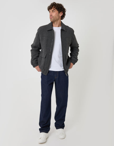 Threadbare Herringbone Faux Wool Collared Jacket in Slate Grey - full body