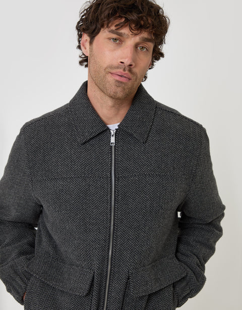 Threadbare Herringbone Faux Wool Collared Jacket in Slate Grey - close up