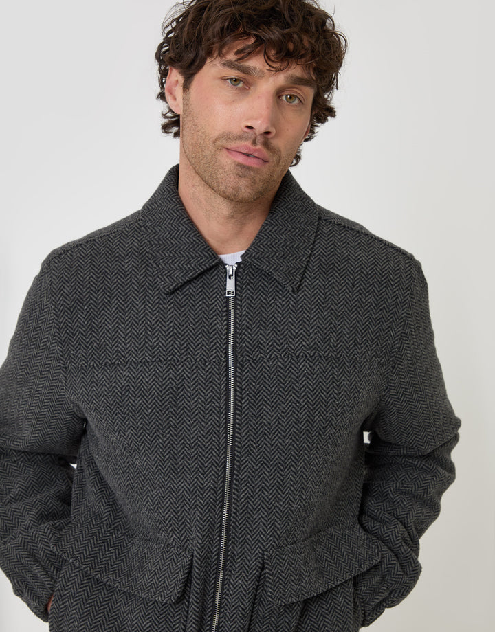 Threadbare Herringbone Faux Wool Collared Jacket in Slate Grey - close up