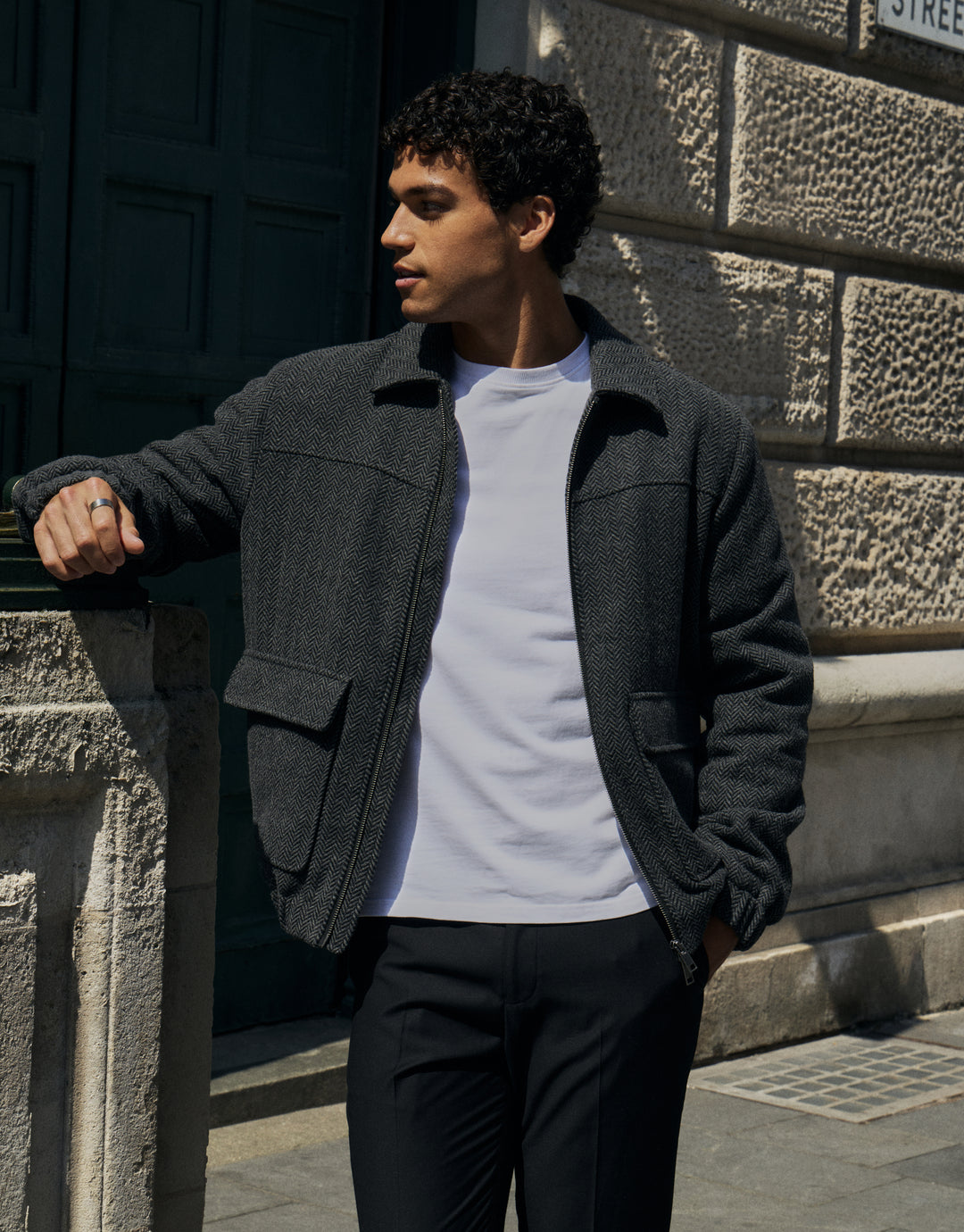 Threadbare Herringbone Faux Wool Collared Jacket in Slate Grey - camapign